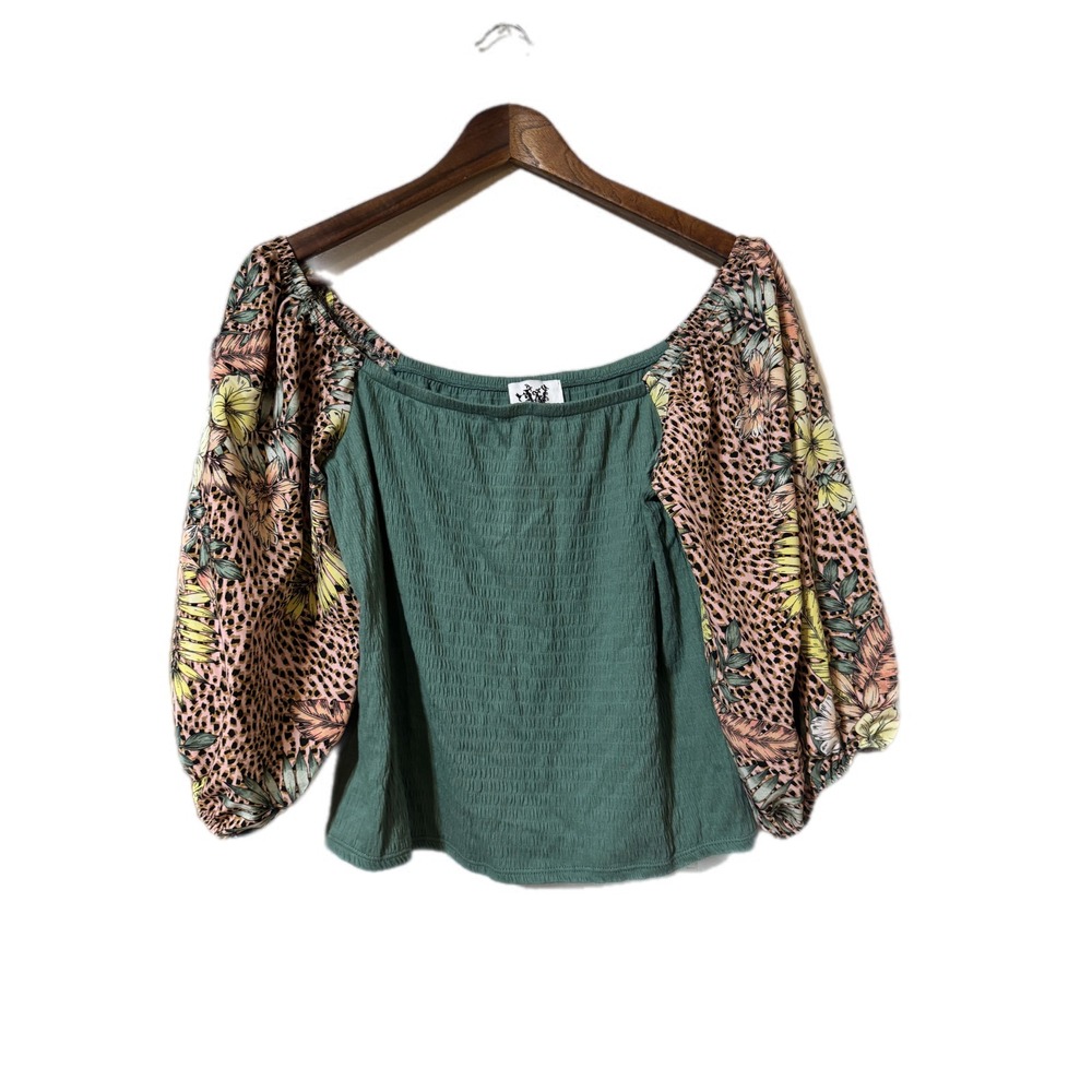Who Wear What When Where Smocked Top Womens S Green Floral Leopard Puff Sleeve